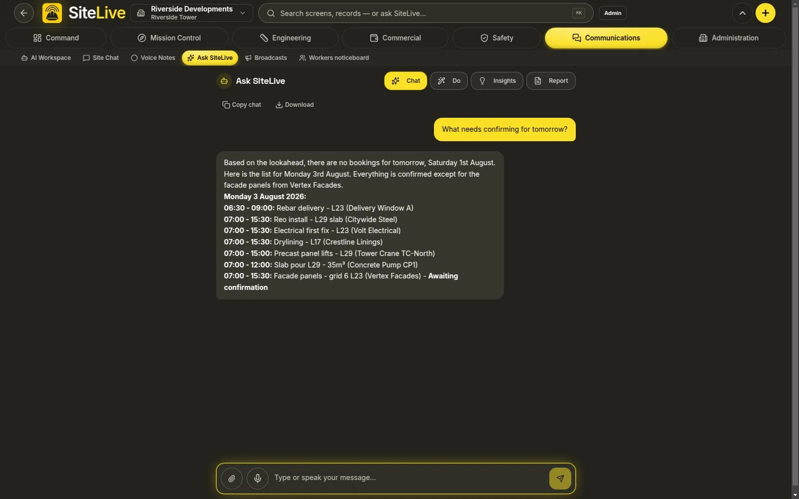 Ask SiteLive — live in-app screen