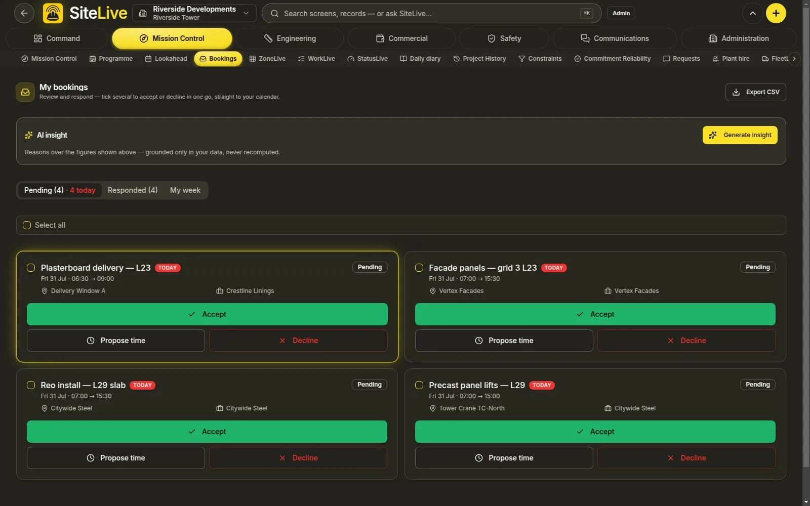 Bookings & Requests — live in-app screen