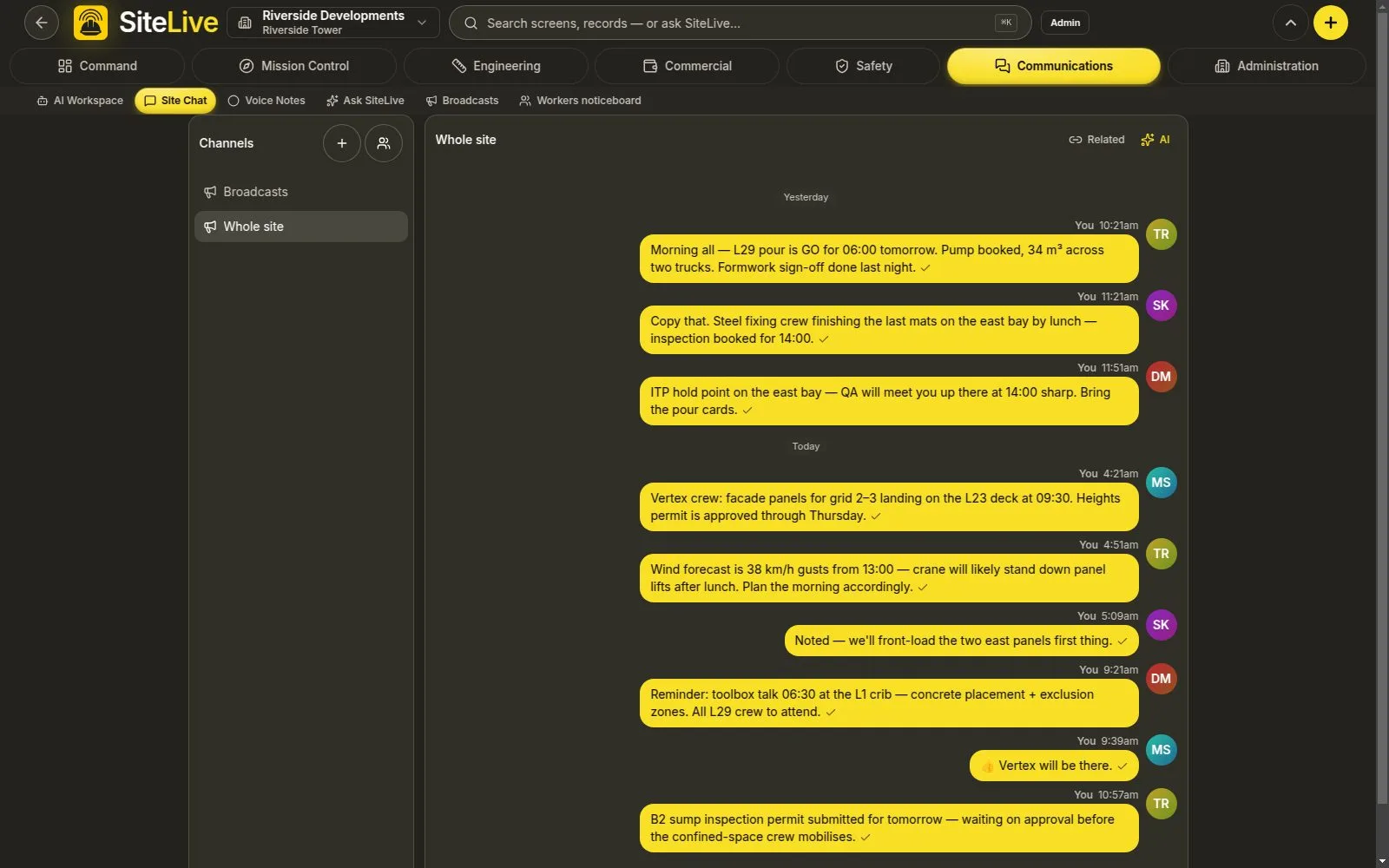 Site Chat & Broadcasts — live in-app screen