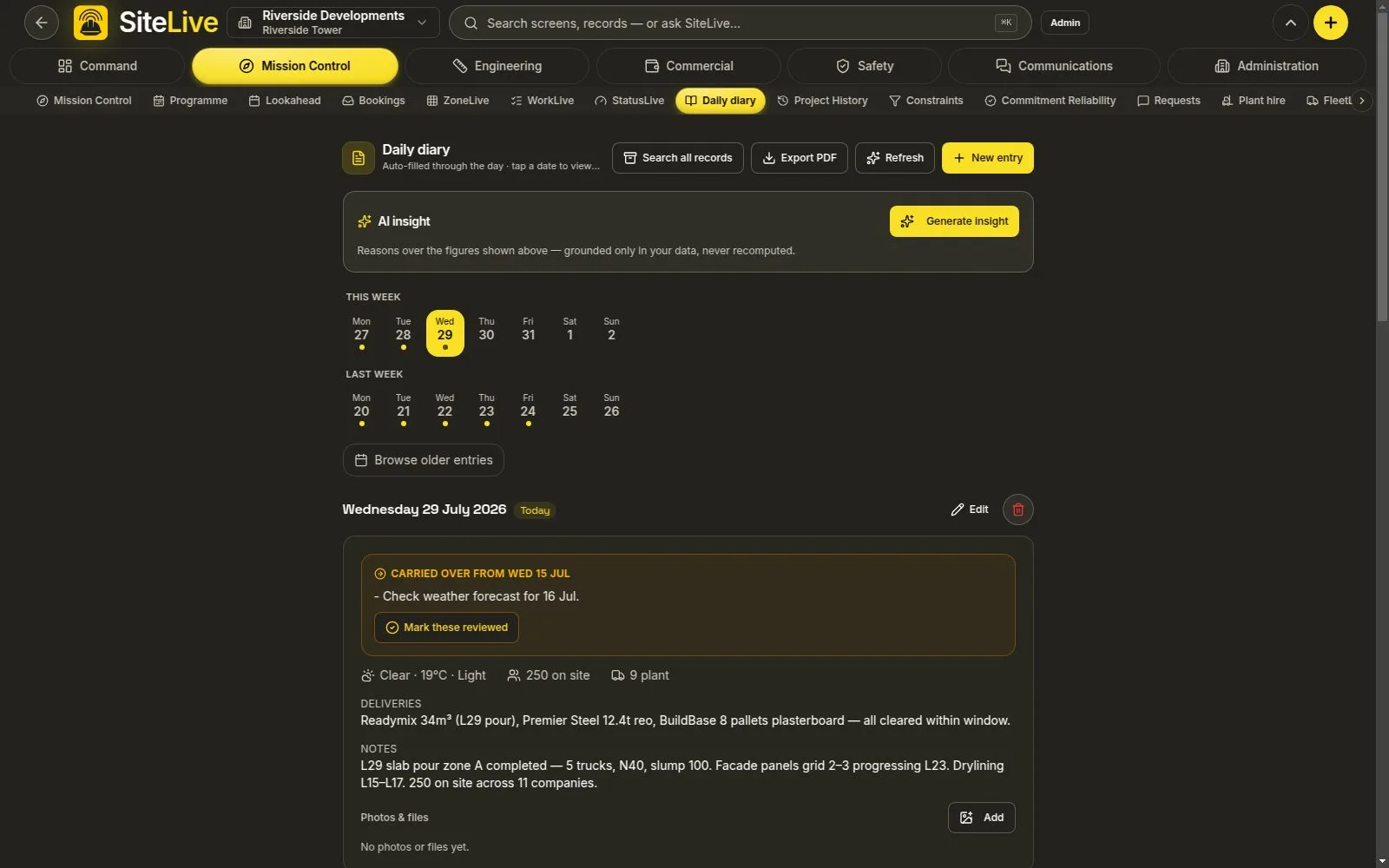 Daily Diary (WorkLive) — live in-app screen