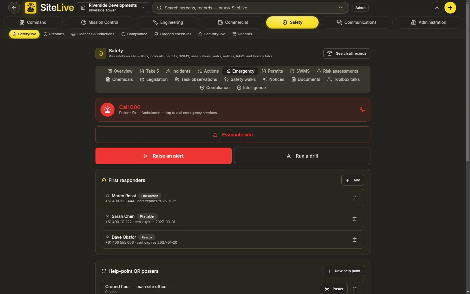Emergency & evacuation — live in-app screen