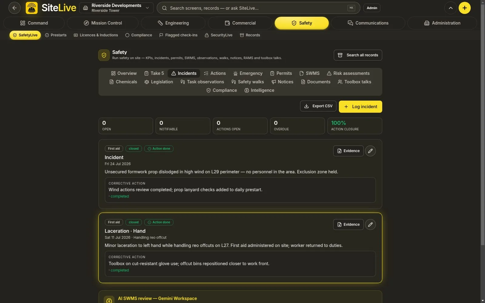 Scored safety walks — live in-app screen