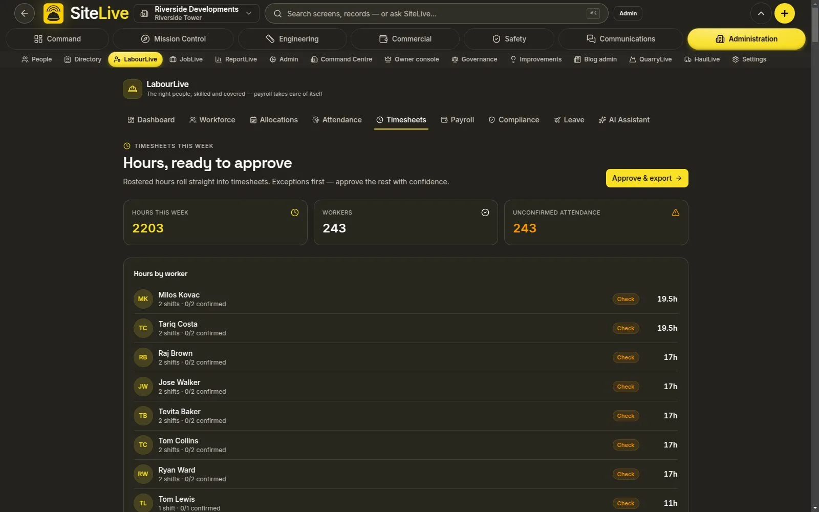 Timesheets & Payroll — live in-app screen
