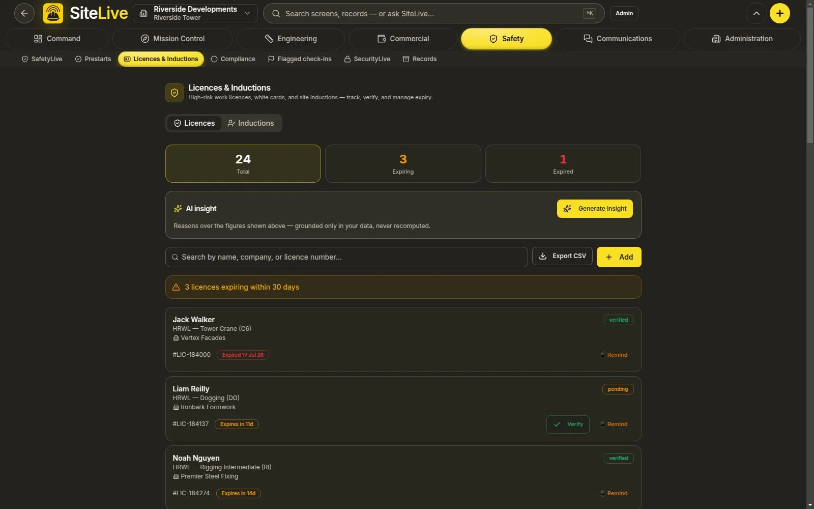 Licences & Permits — live in-app screen