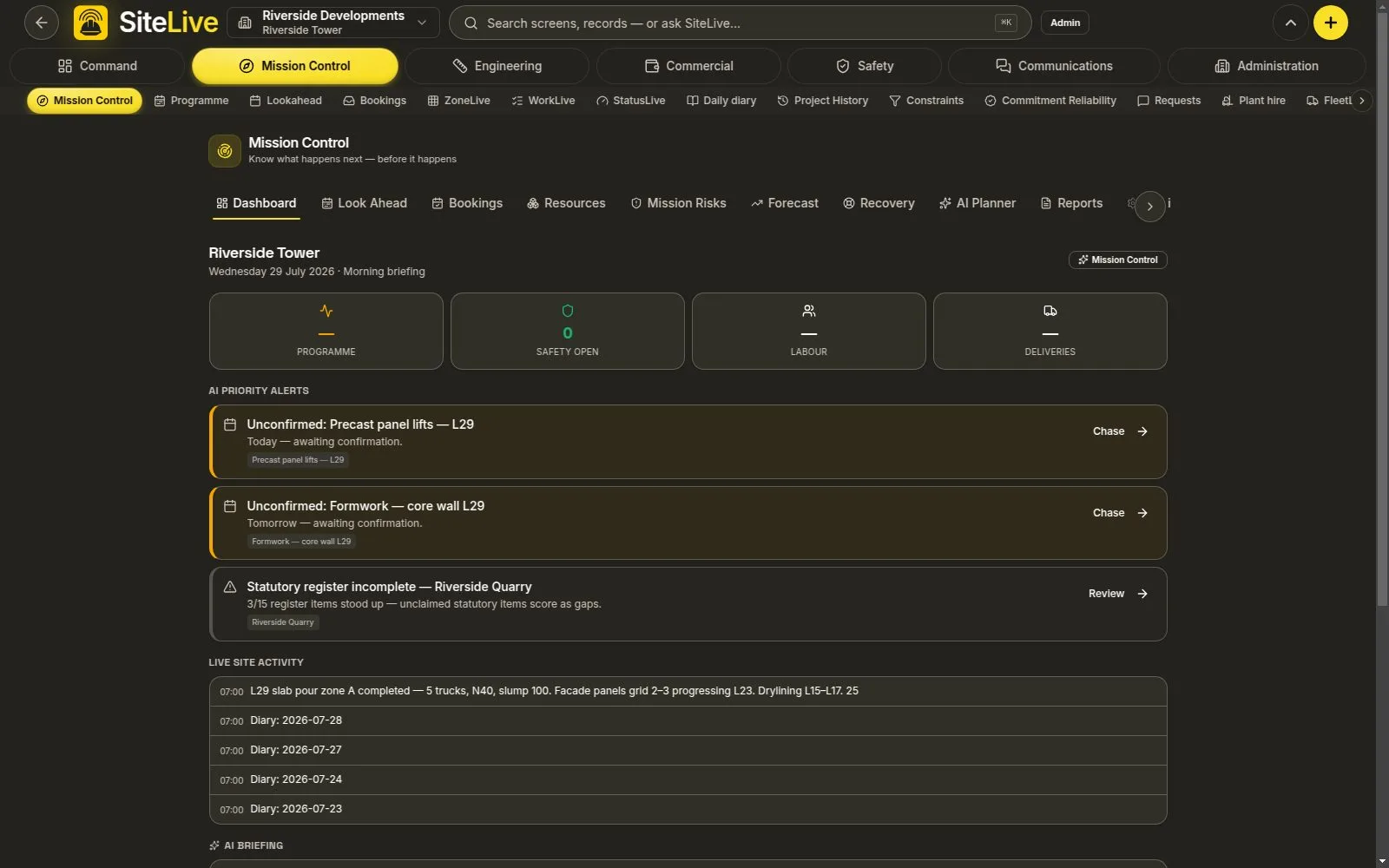Mission Control — live in-app screen