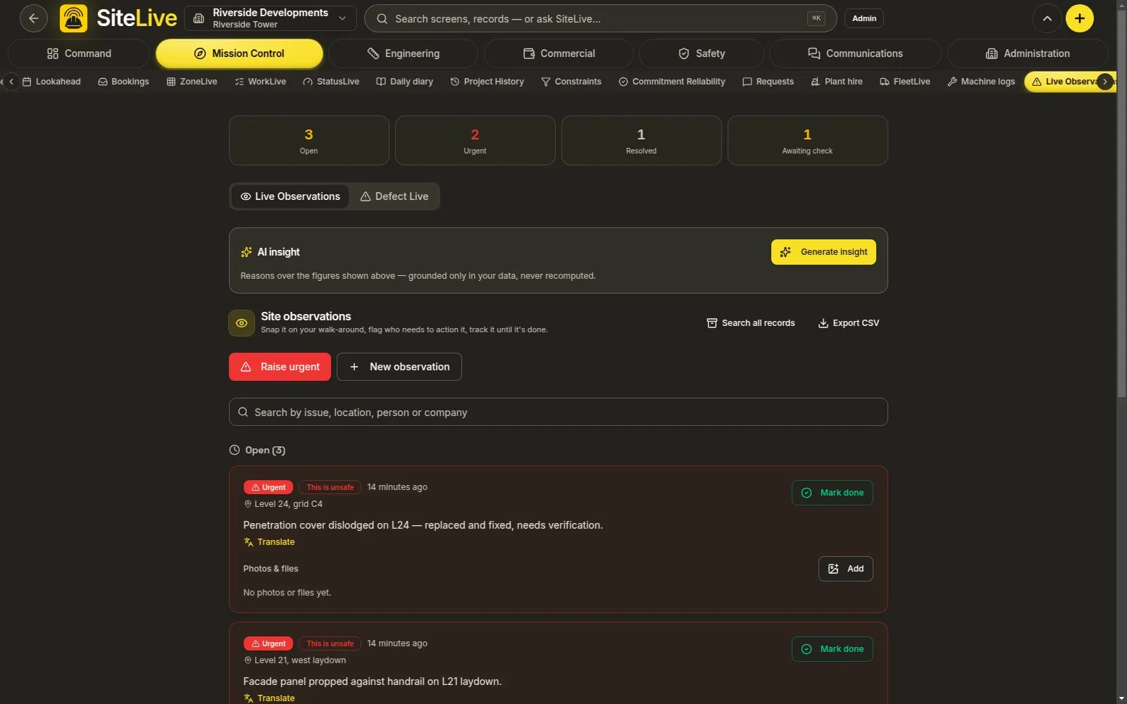 Live Observations — live in-app screen