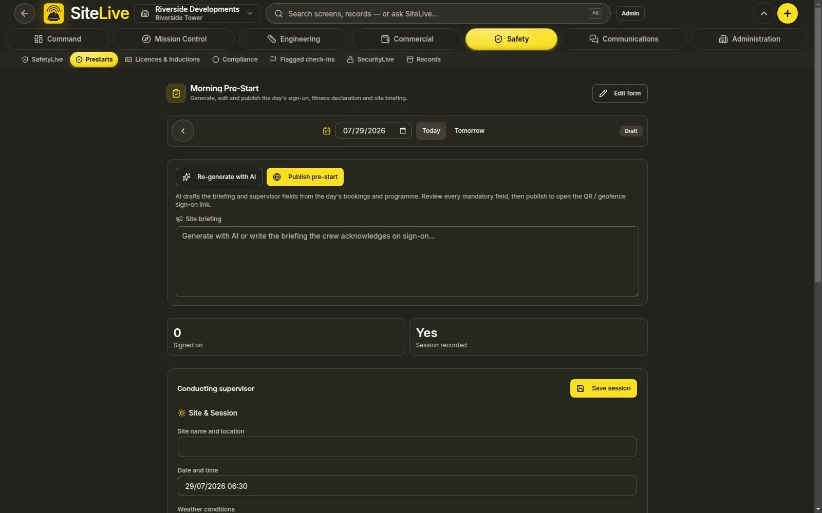 Prestarts & Toolbox talks — live in-app screen