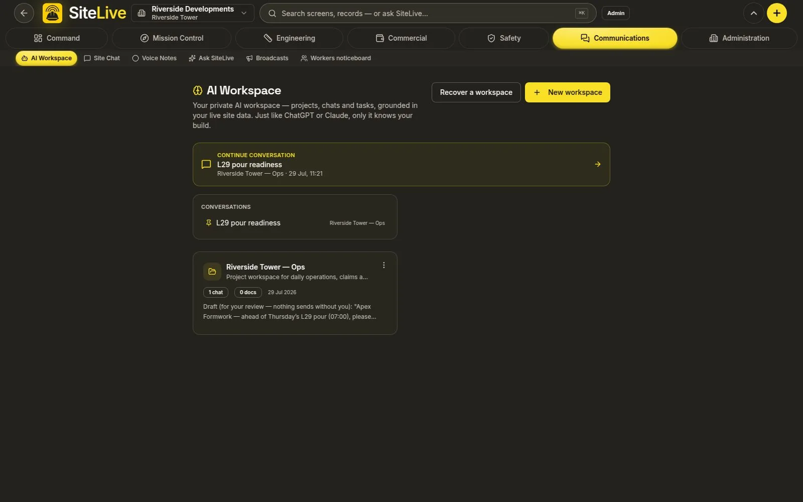 AI Workspace — live in-app screen
